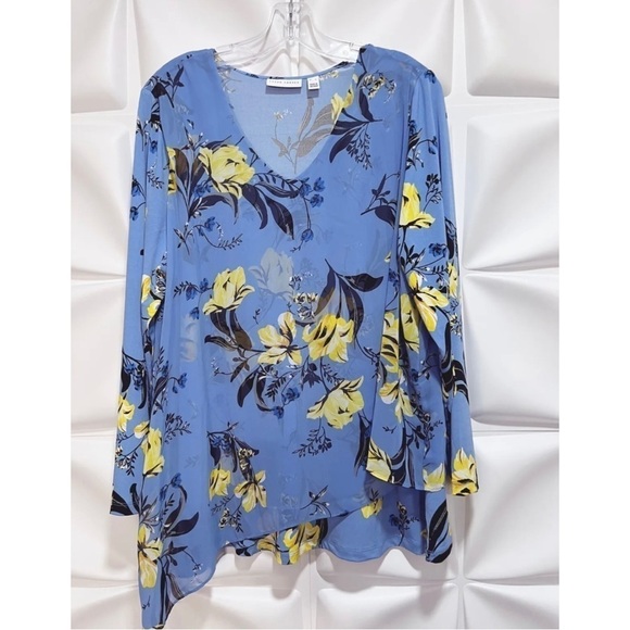 Susan Graver Womens Sz XL Blue Yellow Floral Print Layered Knit Tunic Top Blouse - Picture 5 of 11
